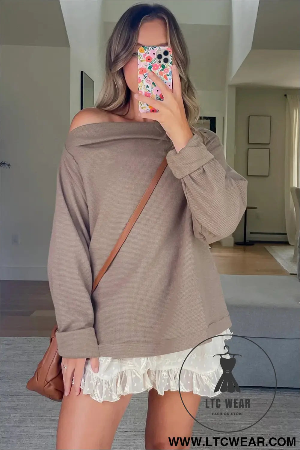 Old rose solid color waffle knit asymmetric neck long sleeve top - 30%
