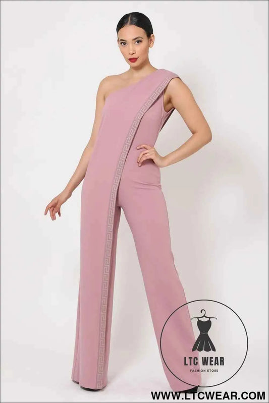 One Shoulder Greek Border Pattern Jumpsuit