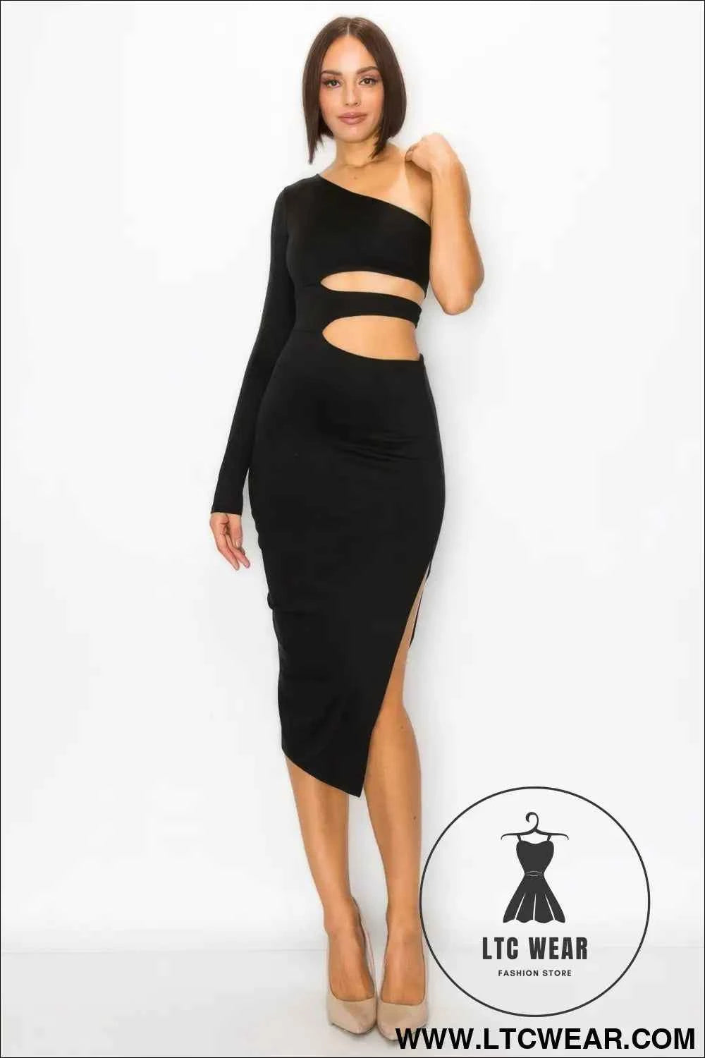 One Shoulder Maxi Dress With Waist Cut