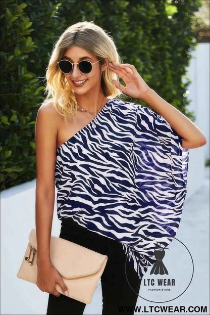 One Shoulder Zebra Print Loose Top