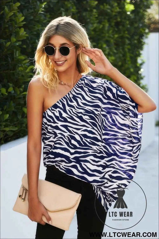 One Shoulder Zebra Print Loose Top