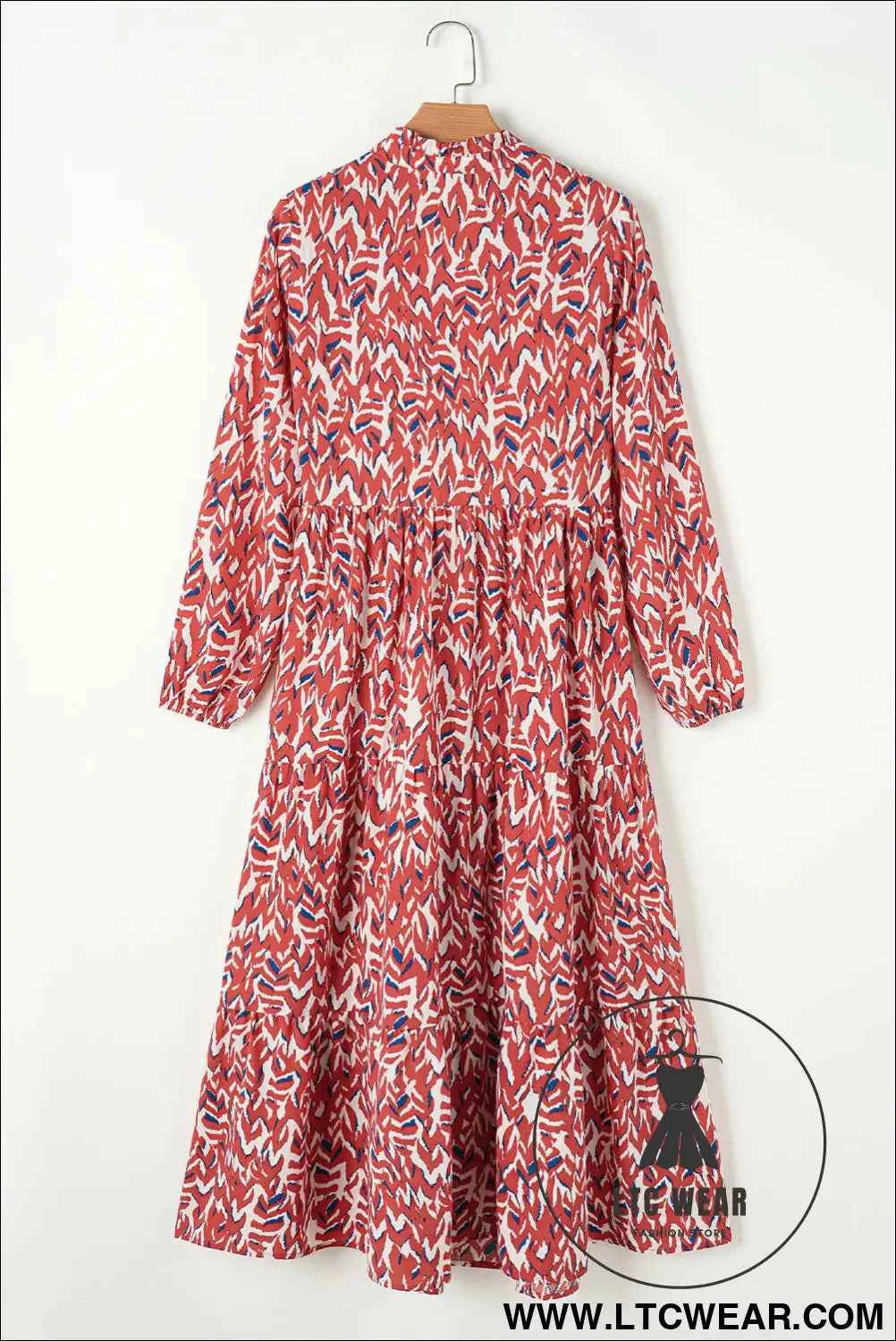 Orange Abstract Print V Neck Pleated High Waist Midi Dress