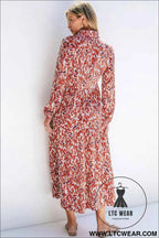 Orange Abstract Print V Neck Pleated High Waist Midi Dress