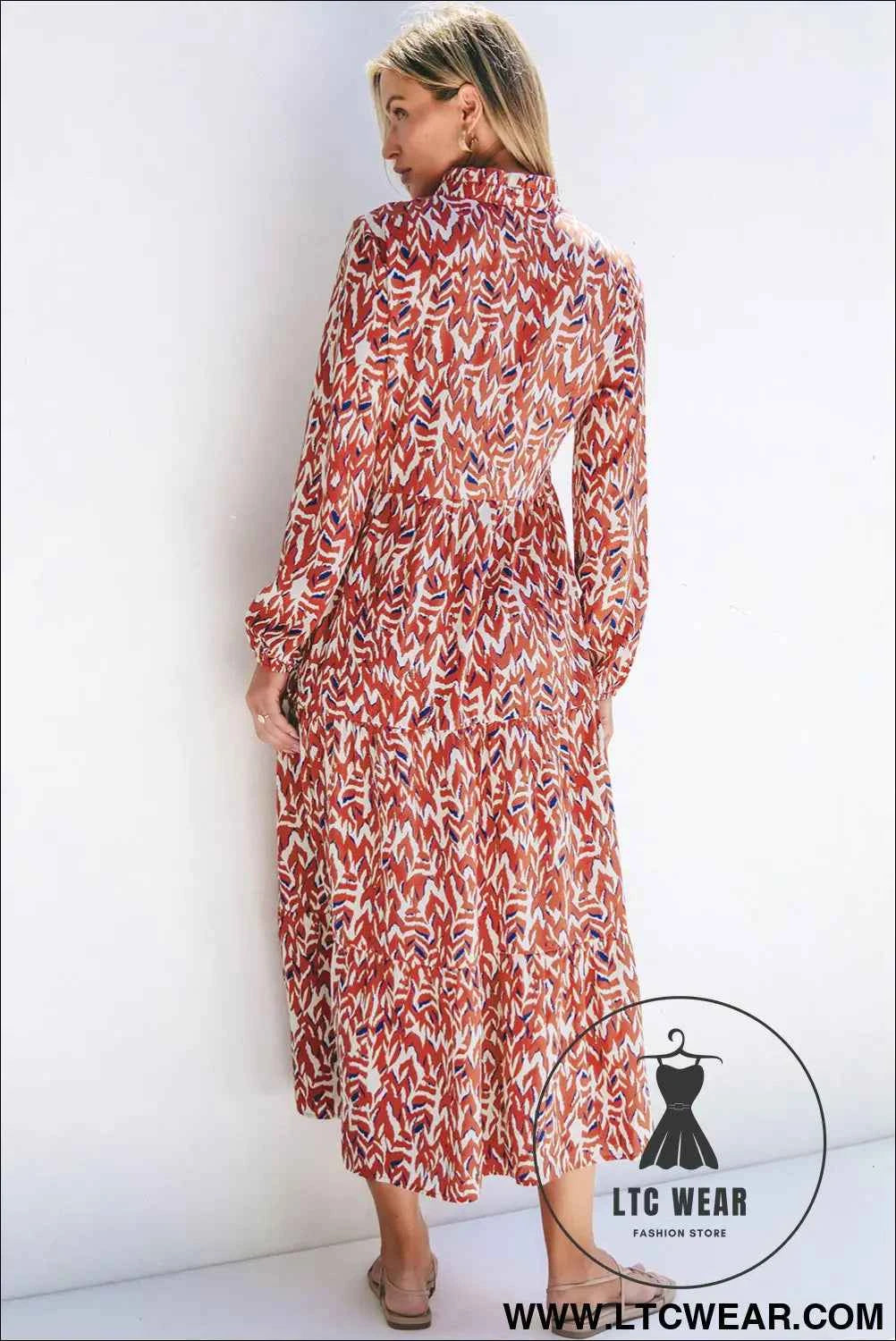 Orange Abstract Print V Neck Pleated High Waist Midi Dress