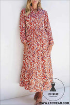 Orange Abstract Print V Neck Pleated High Waist Midi Dress