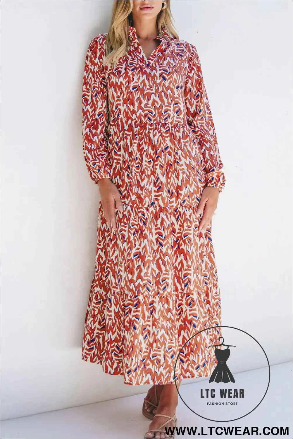 Orange Abstract Print V Neck Pleated High Waist Midi Dress