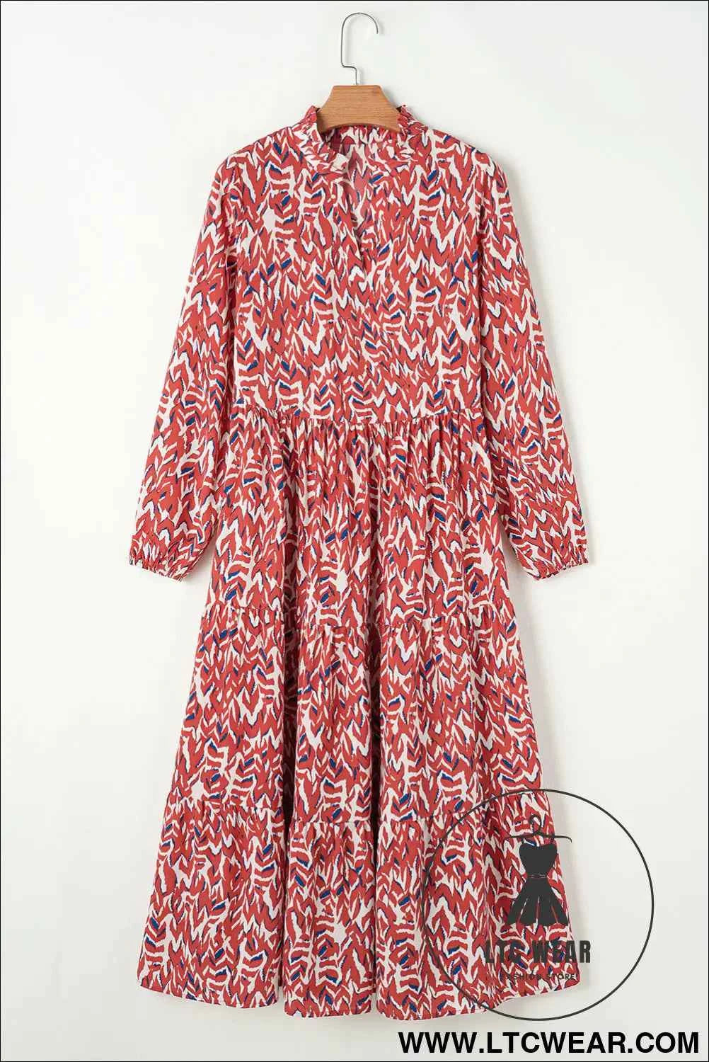 Orange Abstract Print V Neck Pleated High Waist Midi Dress