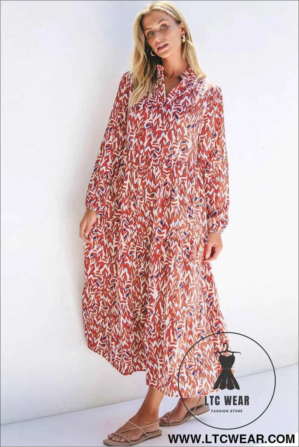 Orange Abstract Print V Neck Pleated High Waist Midi Dress