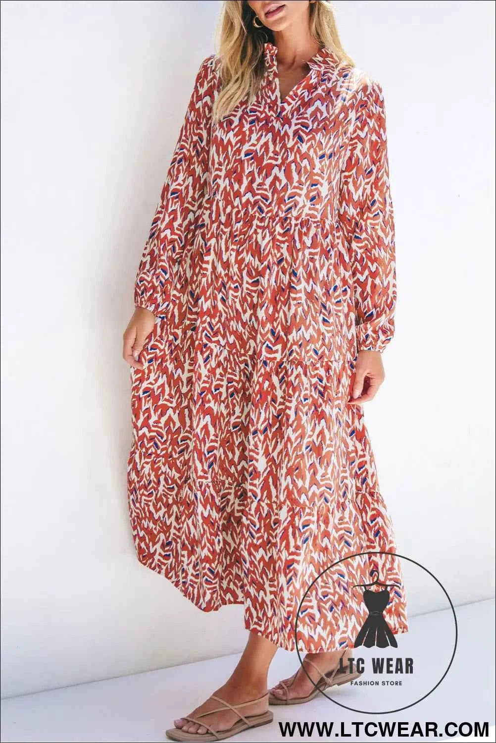 Orange Abstract Print V Neck Pleated High Waist Midi Dress