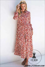 Orange Abstract Print V Neck Pleated High Waist Midi Dress