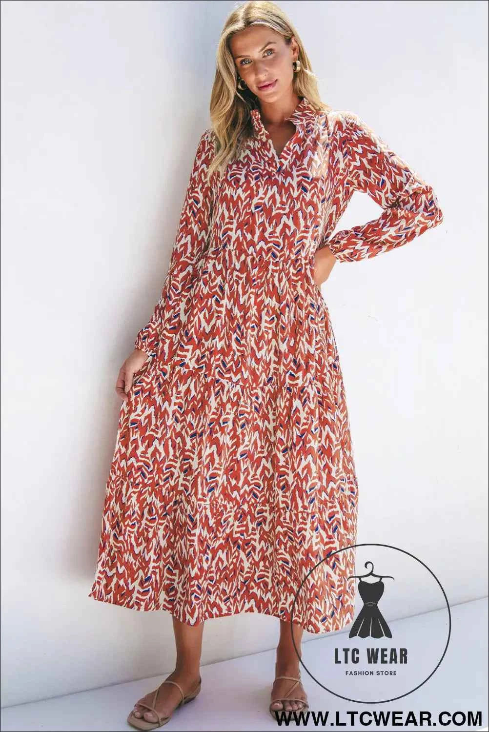 Orange Abstract Print V Neck Pleated High Waist Midi Dress