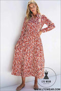 Orange Abstract Print V Neck Pleated High Waist Midi Dress