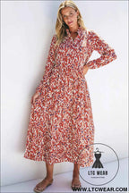 Orange Abstract Print V Neck Pleated High Waist Midi Dress