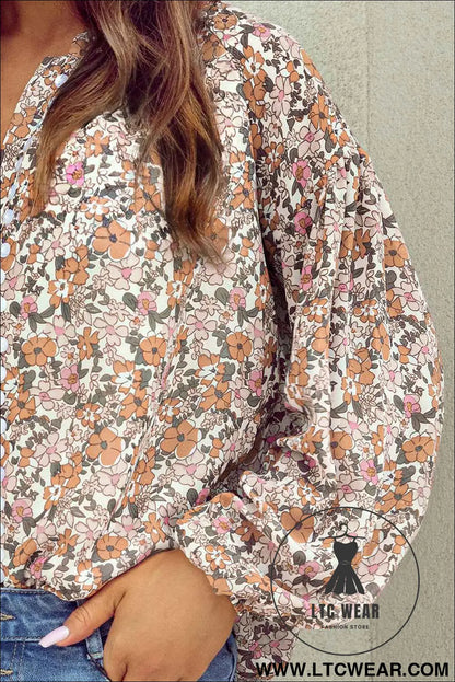Orange Bohemian Floral Puff Sleeve Full Button Shirt