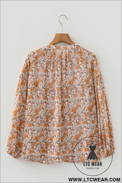 Orange Bohemian Floral Puff Sleeve Full Button Shirt - L.T.C Wear Online Fashion Store