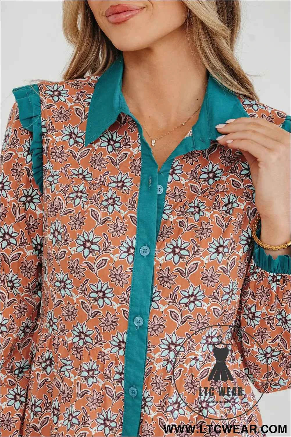 Orange Boho Floral Contrast Collared Shirt Mini Dress