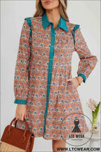 Orange Boho Floral Contrast Collared Shirt Mini Dress