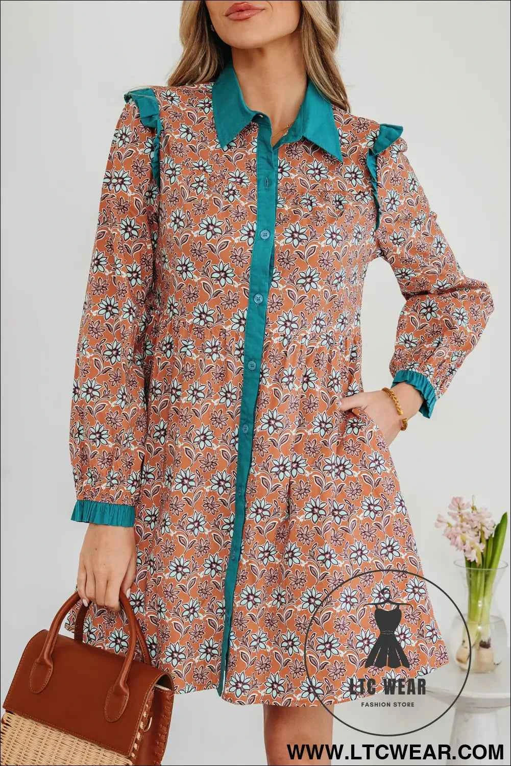 Orange Boho Floral Contrast Collared Shirt Mini Dress