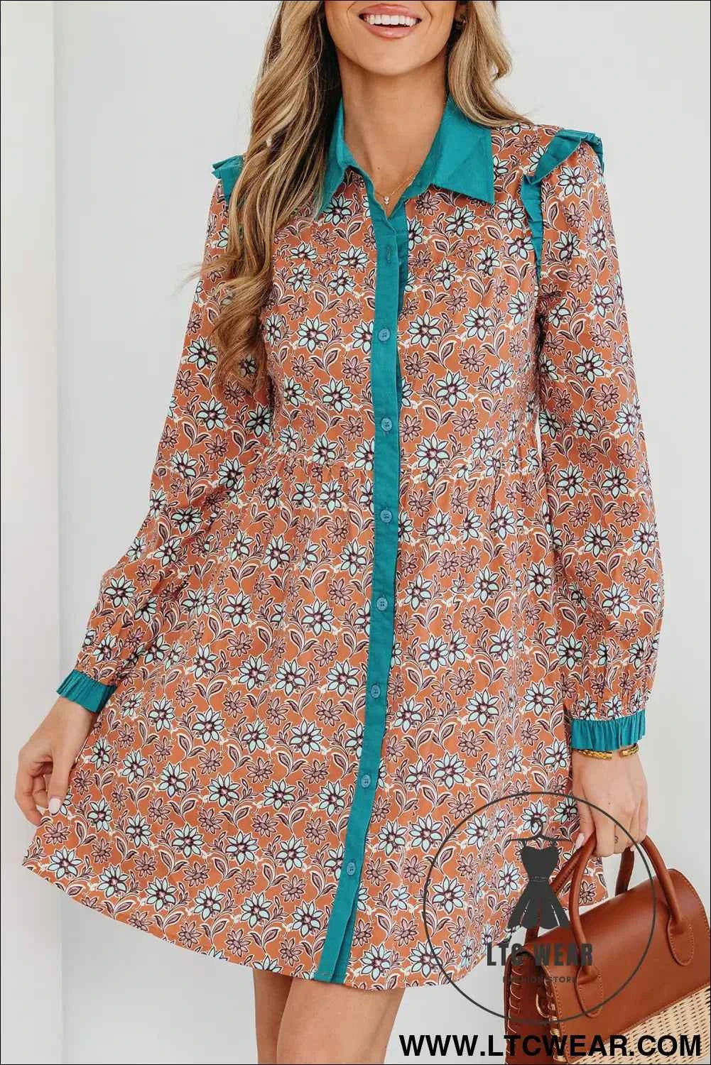 Orange Boho Floral Contrast Collared Shirt Mini Dress