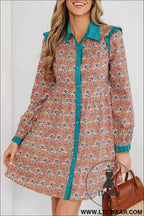 Orange Boho Floral Contrast Collared Shirt Mini Dress