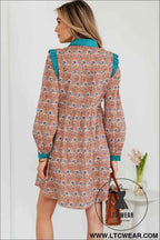 Orange Boho Floral Contrast Collared Shirt Mini Dress