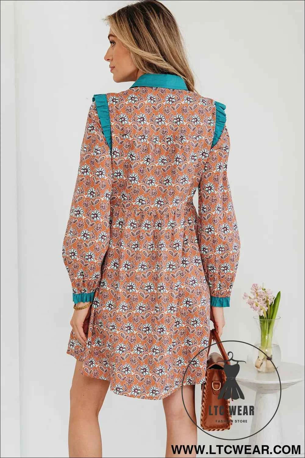 Orange Boho Floral Contrast Collared Shirt Mini Dress