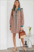 Orange Boho Floral Contrast Collared Shirt Mini Dress