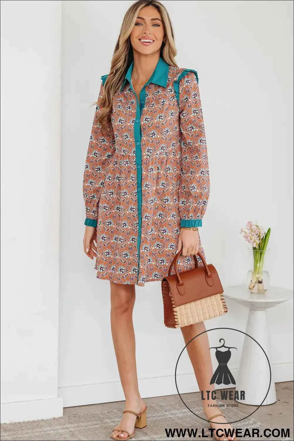 Orange Boho Floral Contrast Collared Shirt Mini Dress