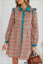 Orange Boho Floral Contrast Collared Shirt Mini Dress