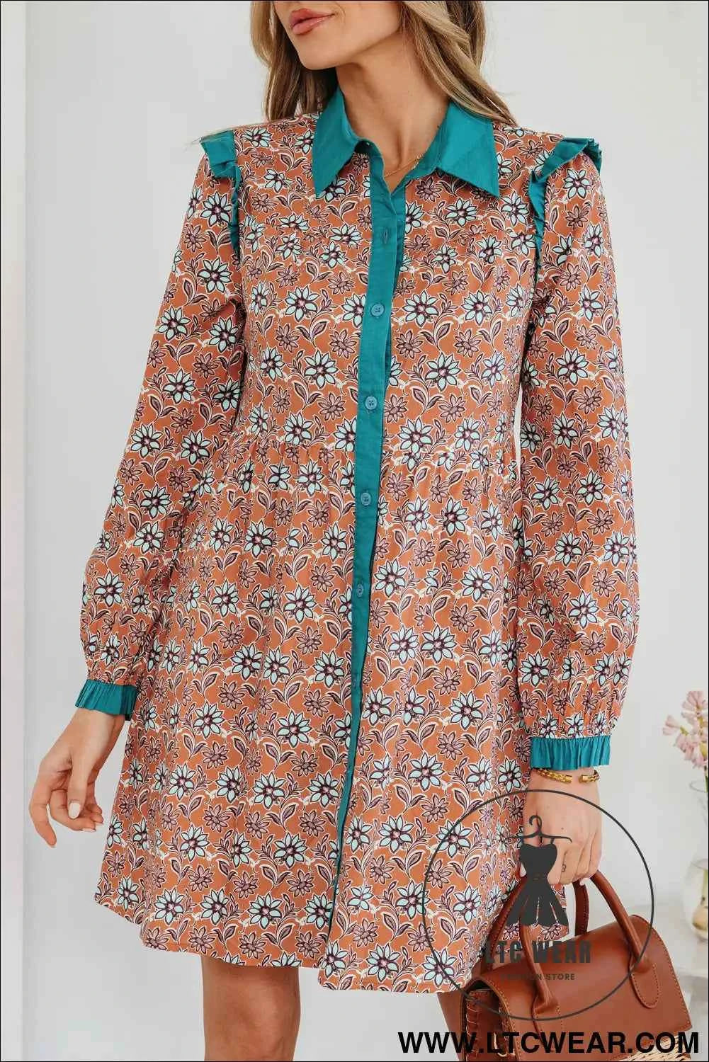 Orange Boho Floral Contrast Collared Shirt Mini Dress