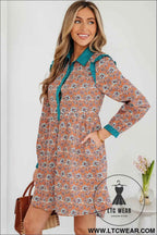 Orange Boho Floral Contrast Collared Shirt Mini Dress