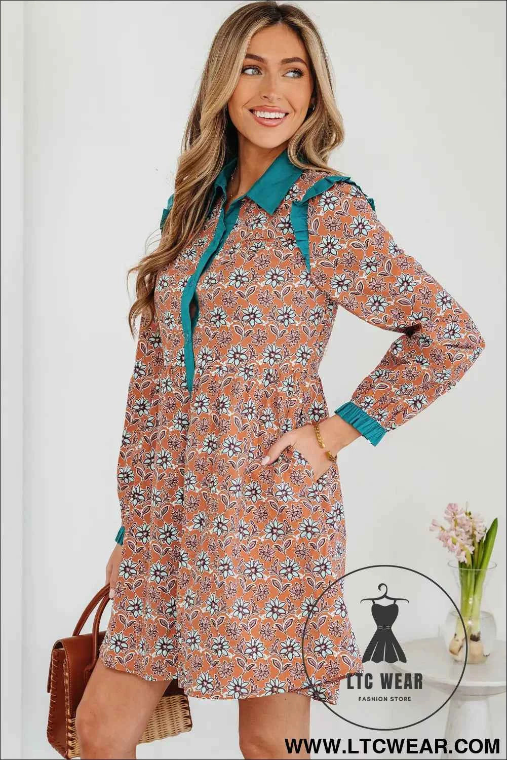 Orange Boho Floral Contrast Collared Shirt Mini Dress