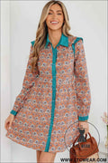 Orange Boho Floral Contrast Collared Shirt Mini Dress