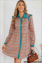 Orange Boho Floral Contrast Collared Shirt Mini Dress