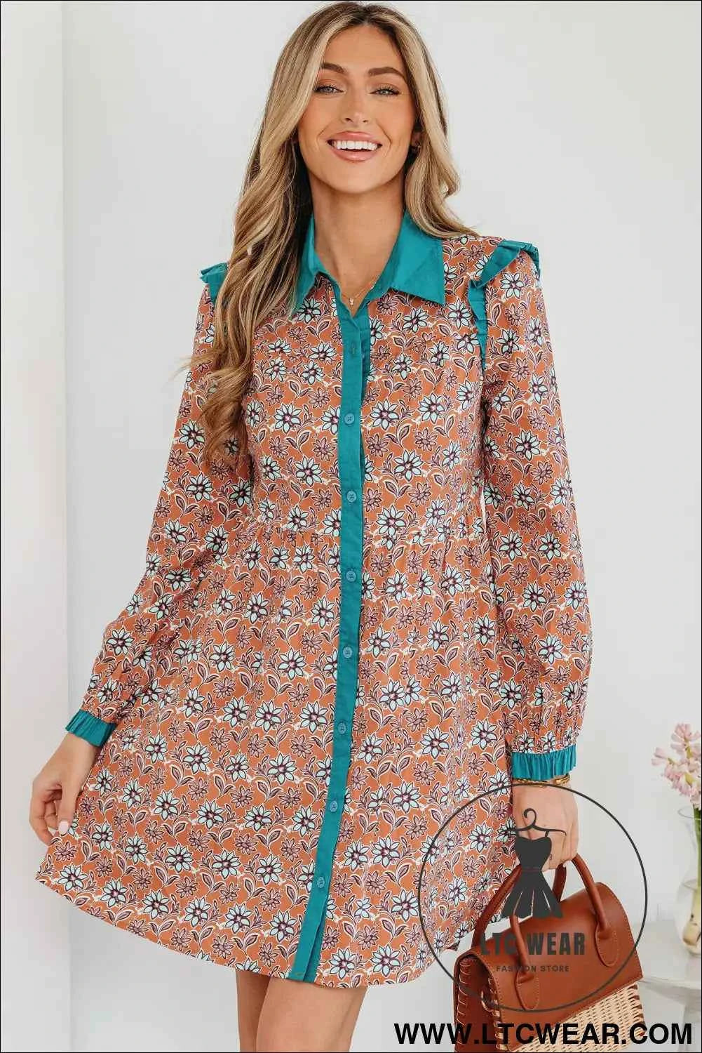 Orange Boho Floral Contrast Collared Shirt Mini Dress