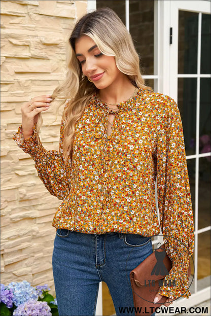 Orange Boho Floral Ruffled Bubble Sleeve V Neck Fall Blouse - L.T.C Wear Online Fashion Store
