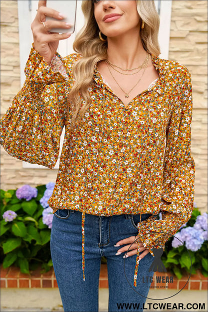 Orange Boho Floral Ruffled Bubble Sleeve V Neck Fall Blouse - L.T.C Wear Online Fashion Store