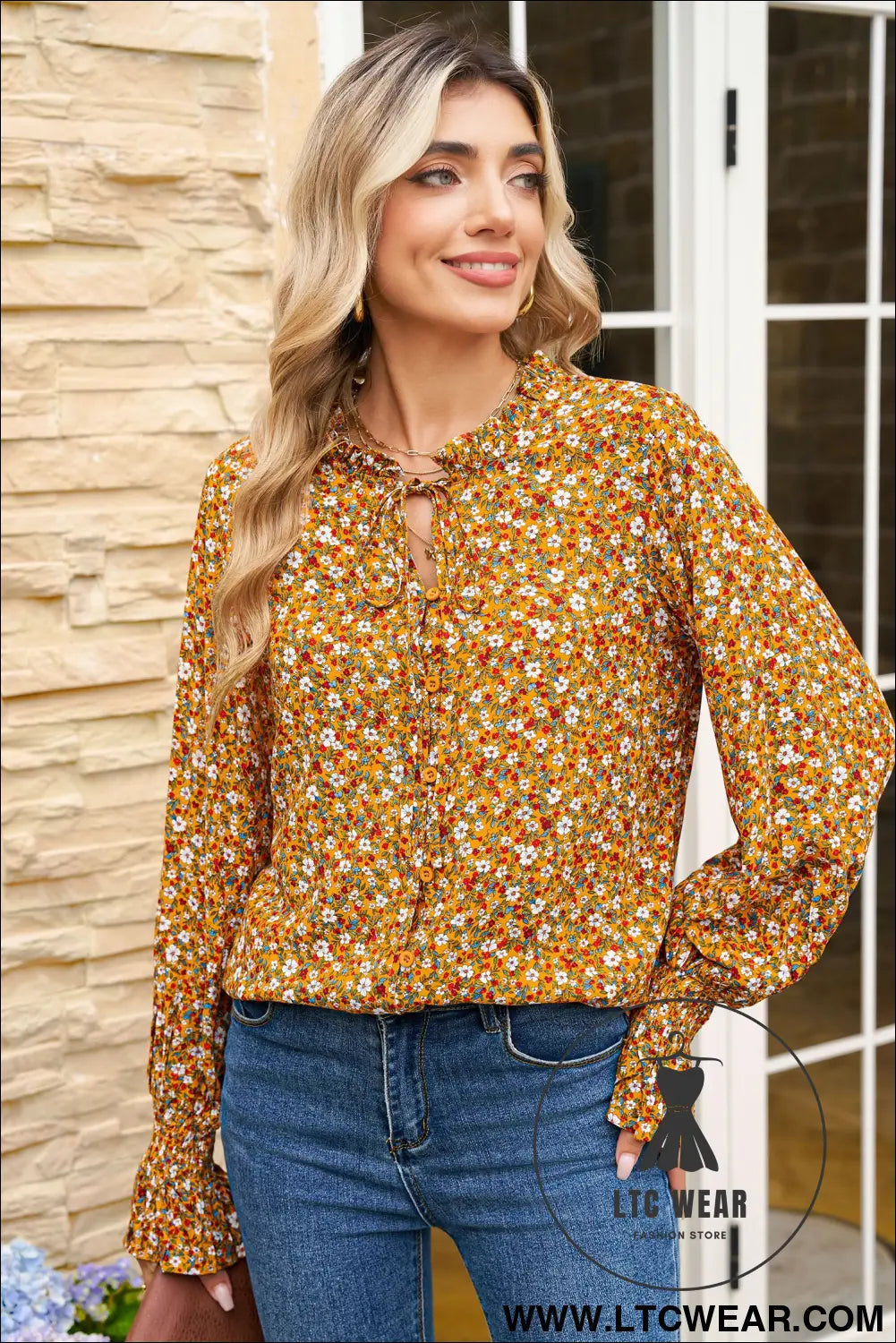 Orange Boho Floral Ruffled Bubble Sleeve V Neck Fall Blouse - L.T.C Wear Online Fashion Store
