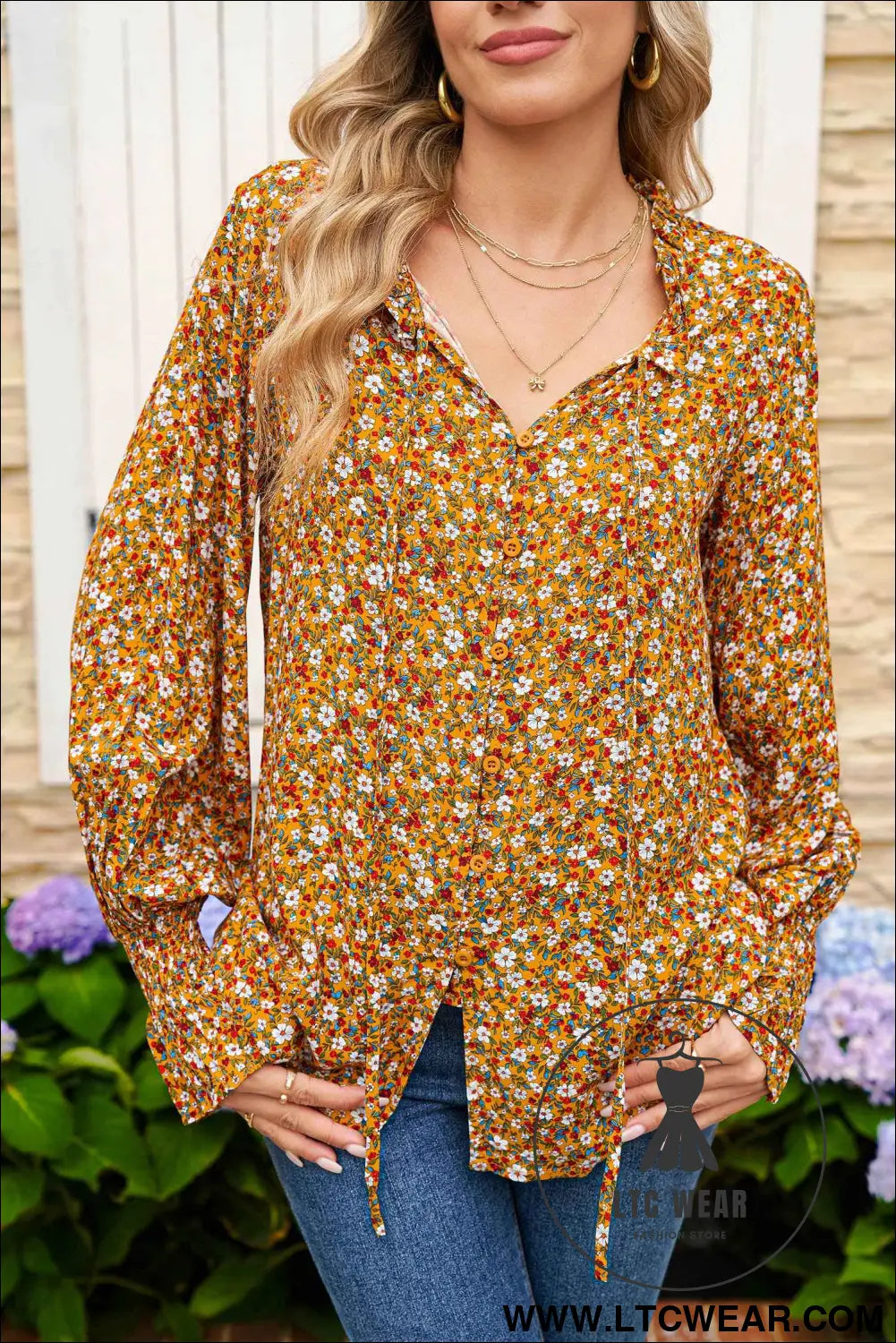 Orange Boho Floral Ruffled Bubble Sleeve V Neck Fall Blouse