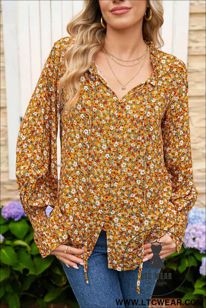 Orange Boho Floral Ruffled Bubble Sleeve V Neck Fall Blouse