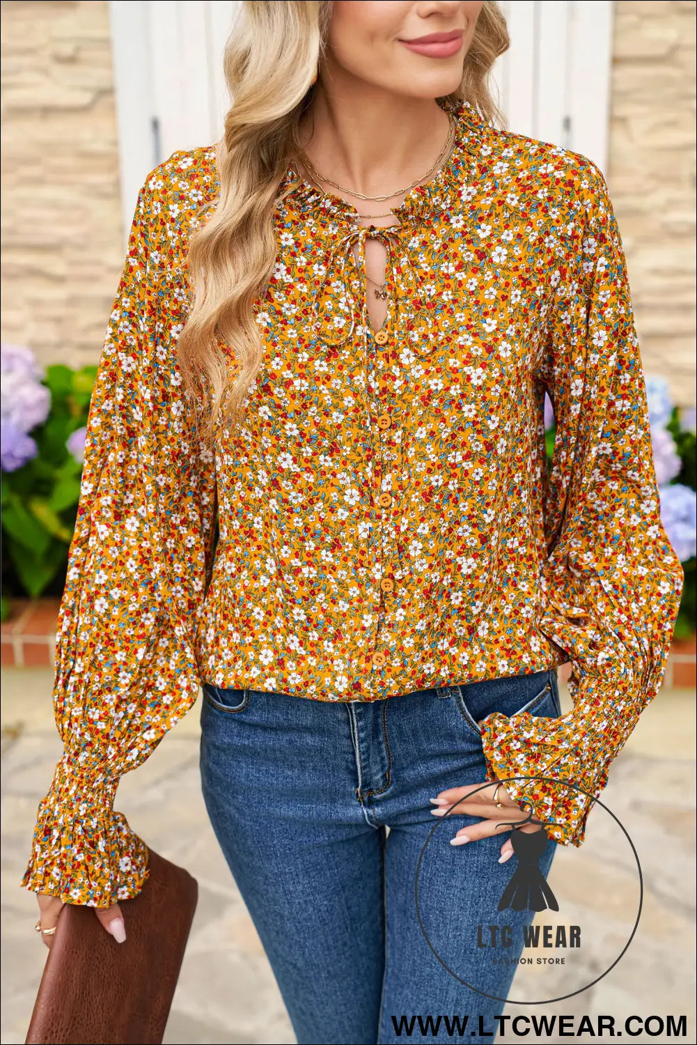 Orange Boho Floral Ruffled Bubble Sleeve V Neck Fall Blouse - L.T.C Wear Online Fashion Store