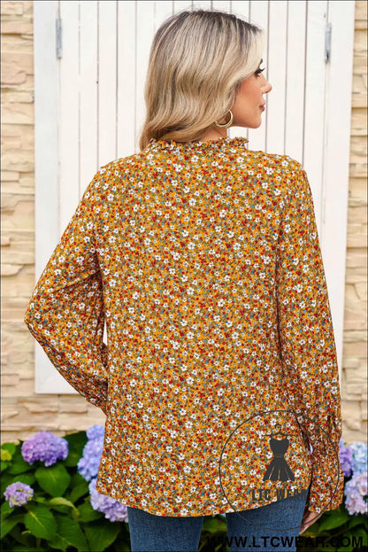 Orange Boho Floral Ruffled Bubble Sleeve V Neck Fall Blouse