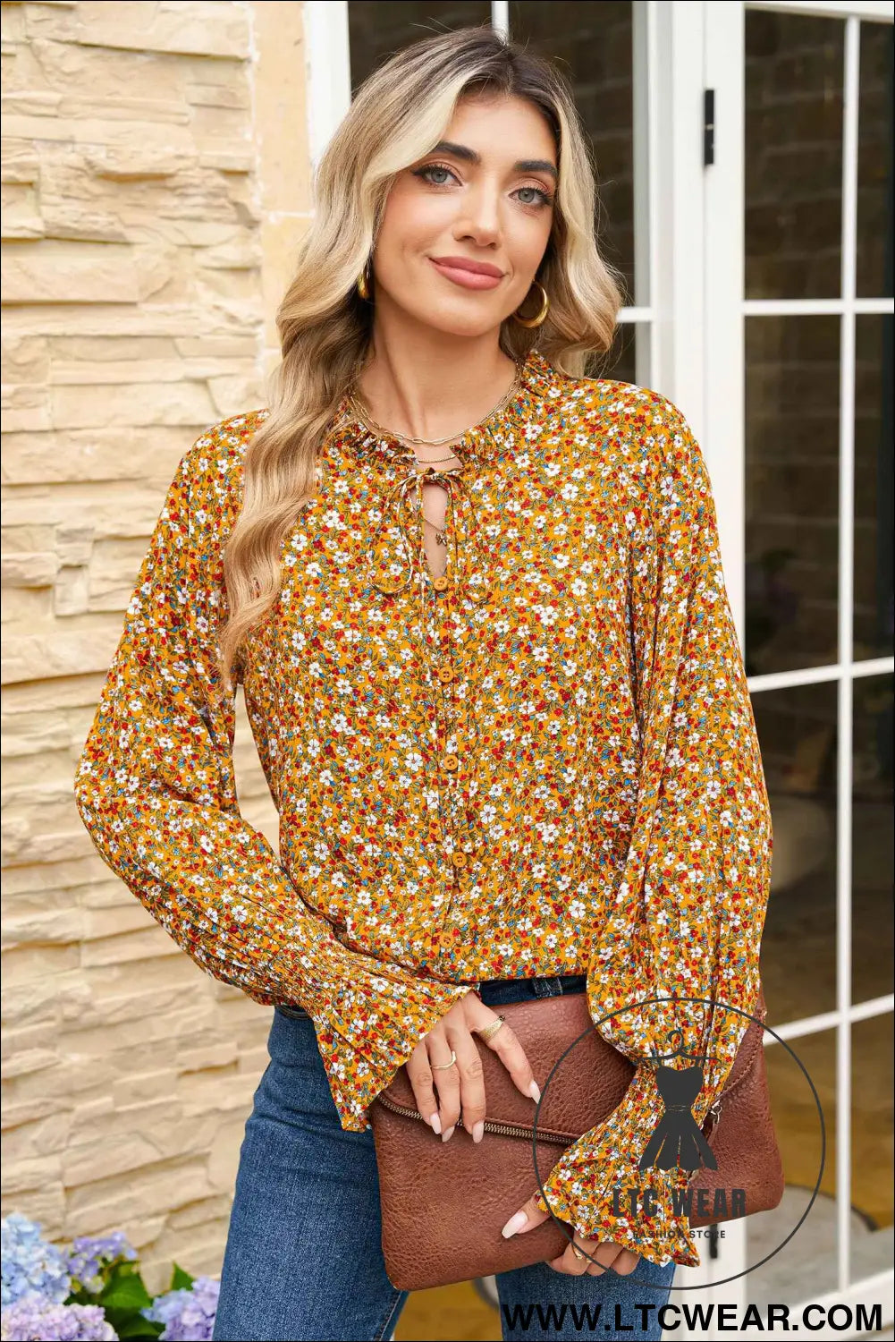 Orange Boho Floral Ruffled Bubble Sleeve V Neck Fall Blouse