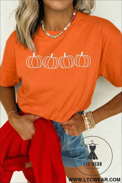 Orange Casual Pumpkin Embroidered Round Neck T-Shirt