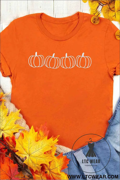 Orange Casual Pumpkin Embroidered Round Neck T-Shirt