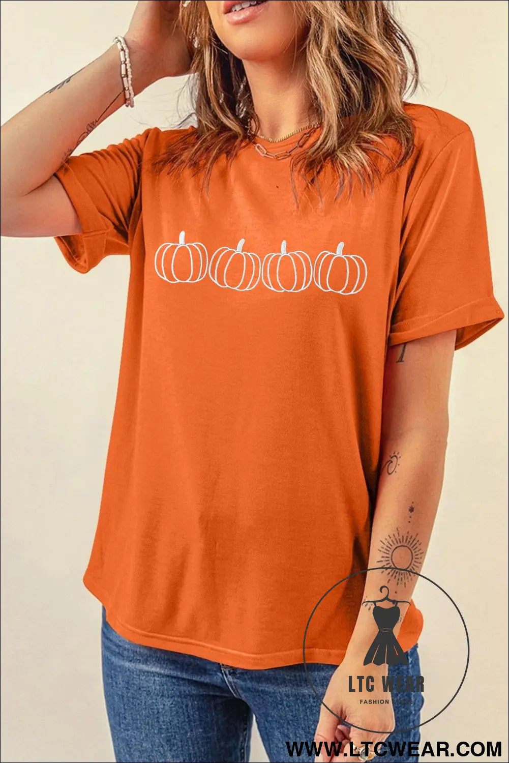 Orange casual pumpkin embroidered round neck t-shirt - graphic tees