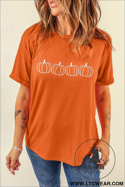 Orange casual pumpkin embroidered round neck t-shirt - graphic tees