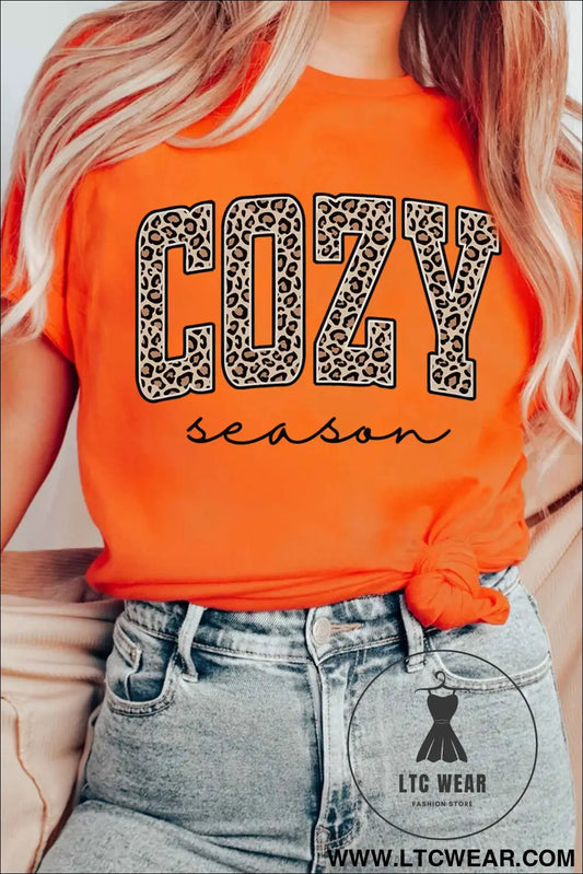 Orange COZY season Leopard Letter Graphic Casual Round Neck T Shirt