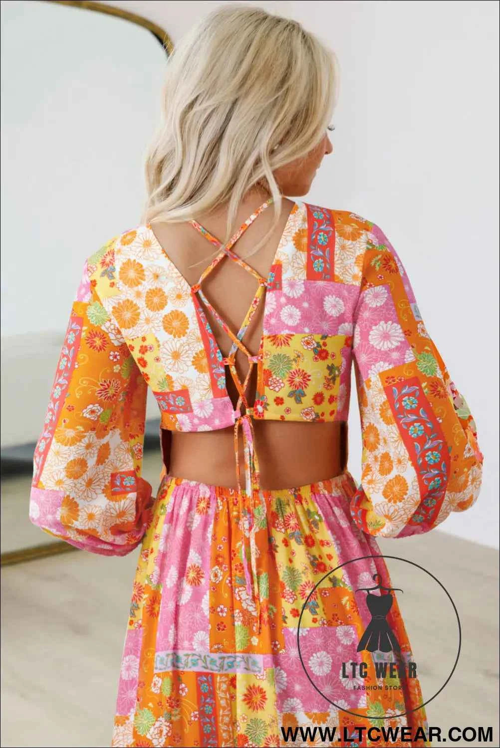 Orange Floral Patchwork Print Cut out Tied Back Bracelet Sleeve Maxi Dress