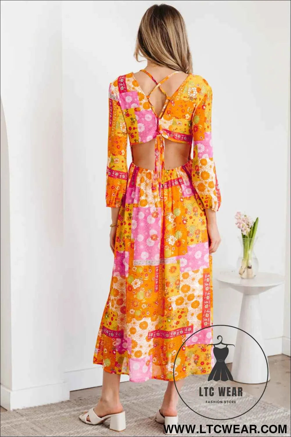 Orange Floral Patchwork Print Cut out Tied Back Bracelet Sleeve Maxi Dress